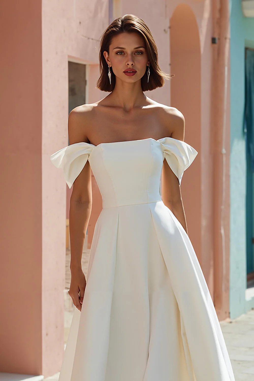 White Off the Shoulder A-Line Midi Wedding Dress - Image 3