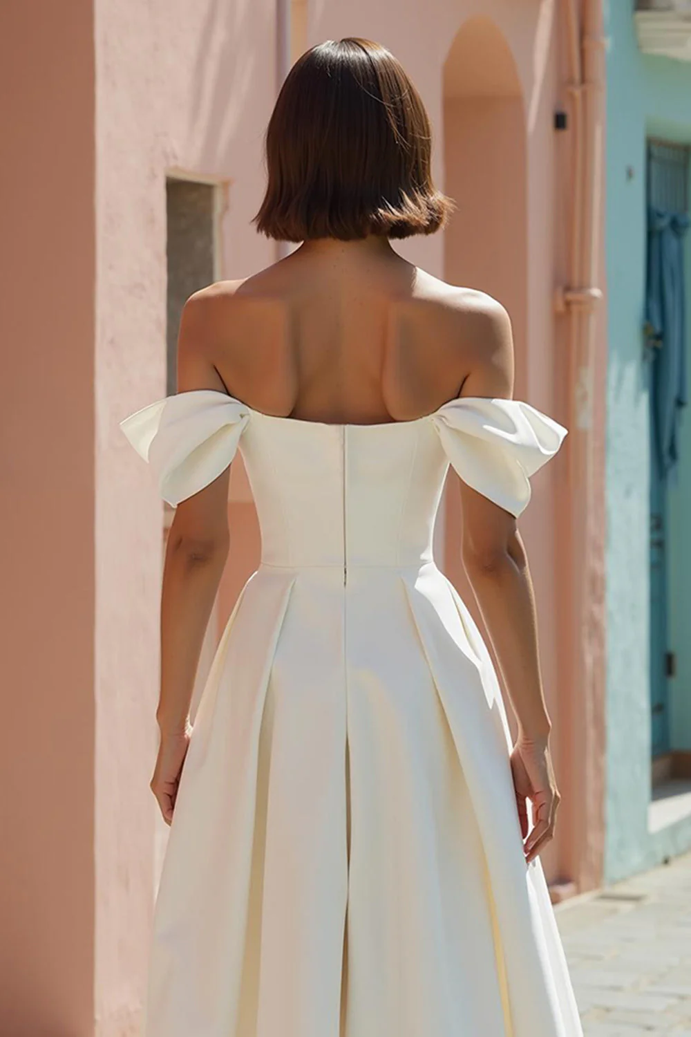 White Off the Shoulder A-Line Midi Wedding Dress - Image 4
