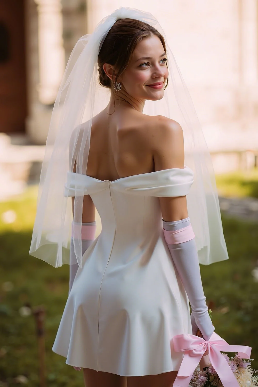 White Off the Shoulder A Line Short Wedding Dress (without Gloves) - Image 2