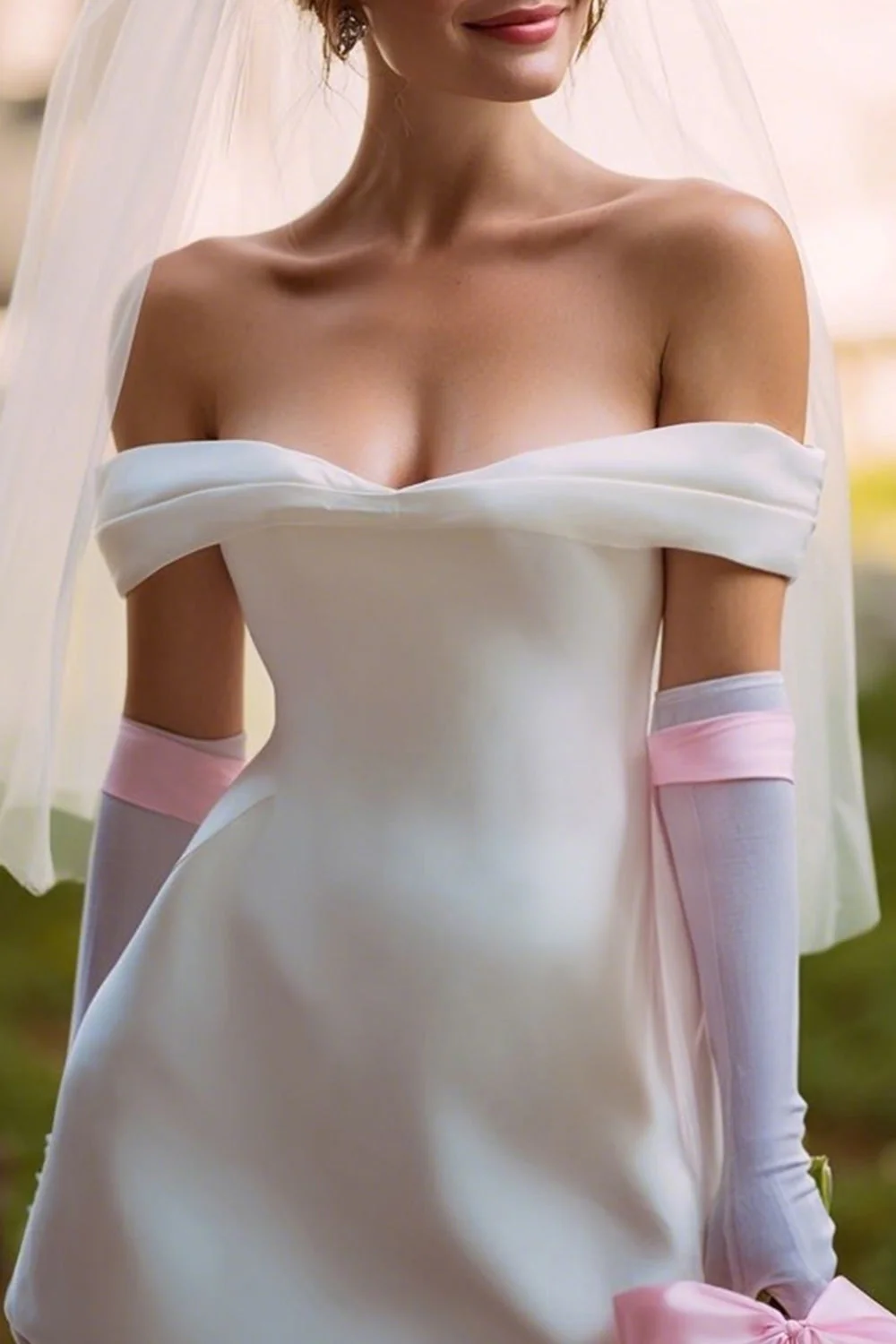 White Off the Shoulder A Line Short Wedding Dress (without Gloves) - Image 3