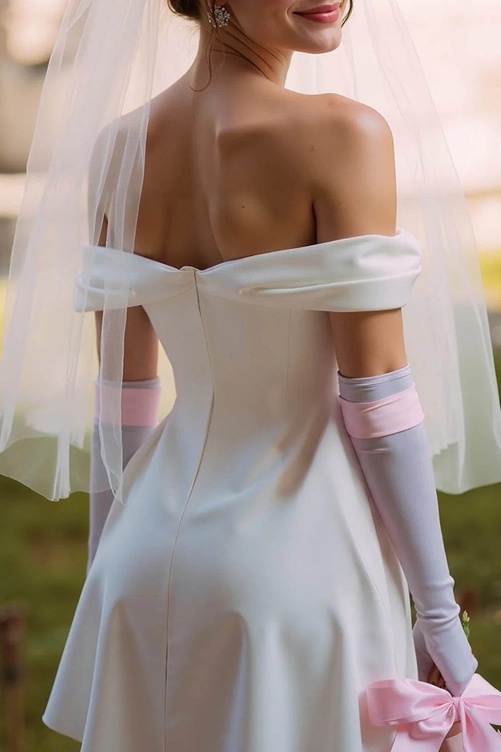 White Off the Shoulder A Line Short Wedding Dress (without Gloves) - Image 4