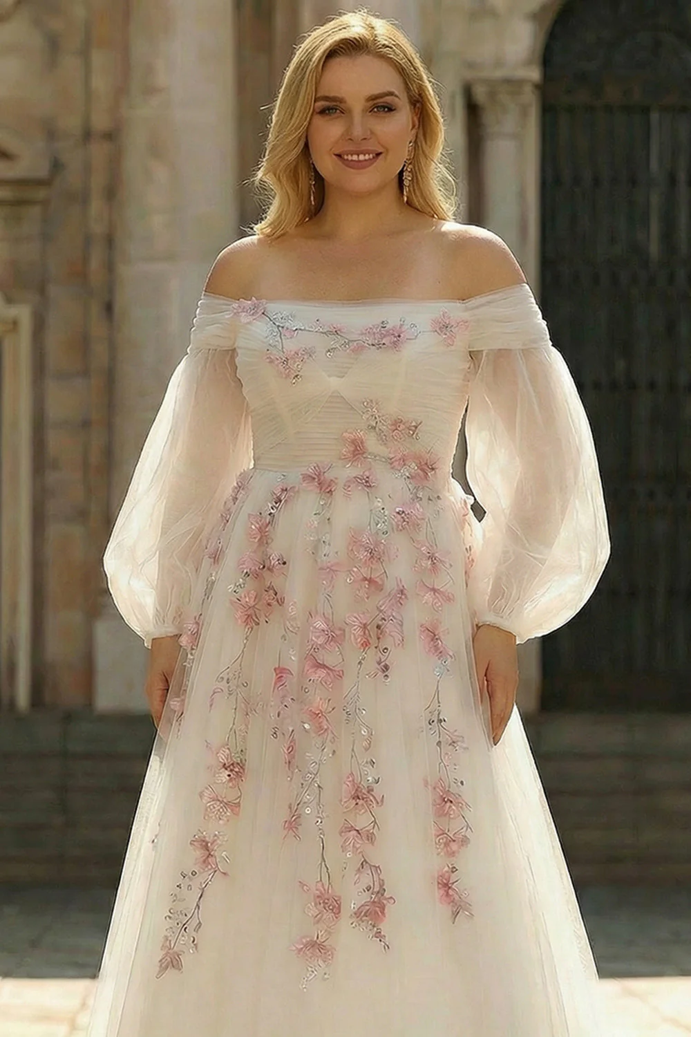White Off The Shoulder A-Line Tulle Embroidered Long Plus Size Dress with Sequins - Image 3