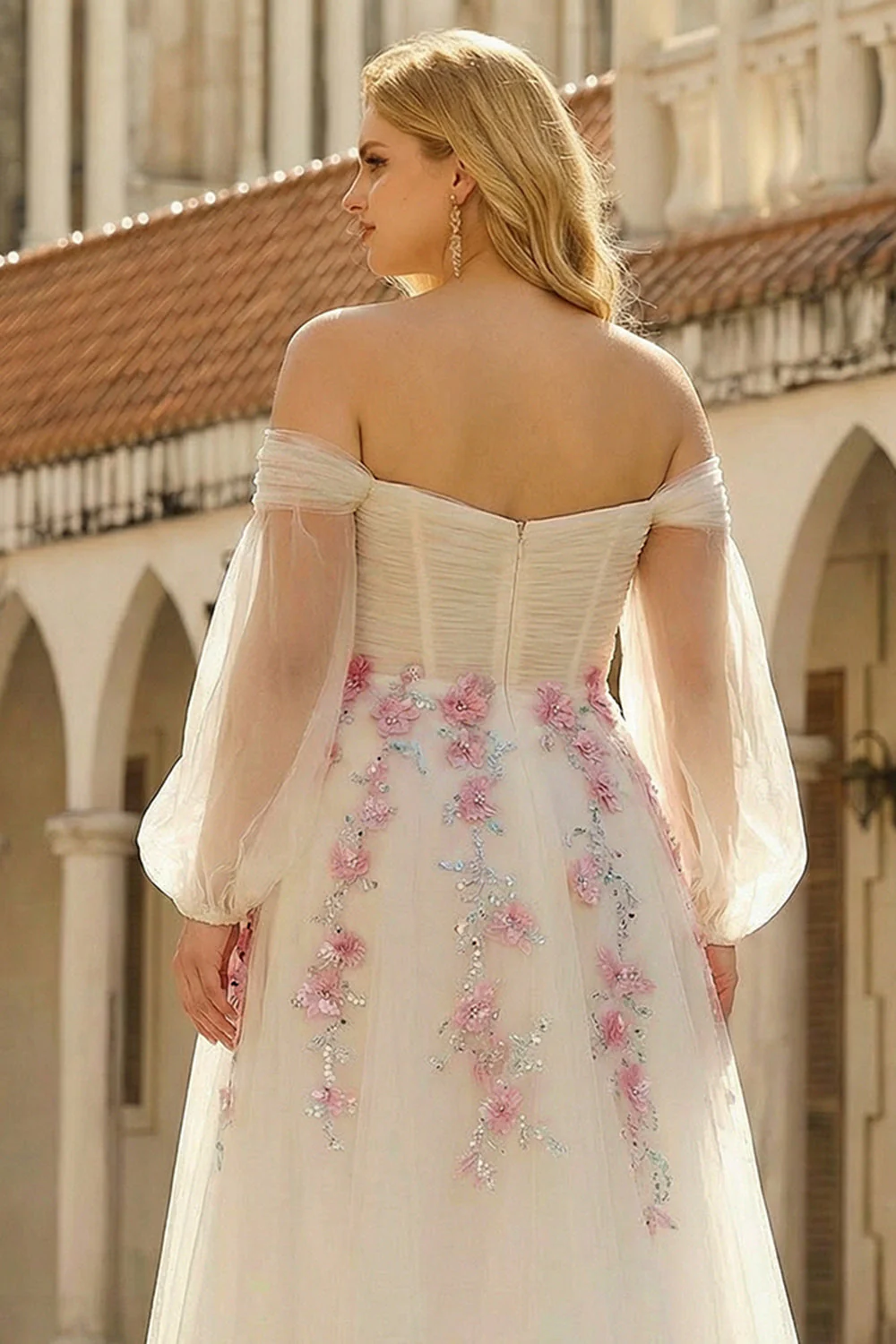 White Off The Shoulder A-Line Tulle Embroidered Long Plus Size Dress with Sequins - Image 4
