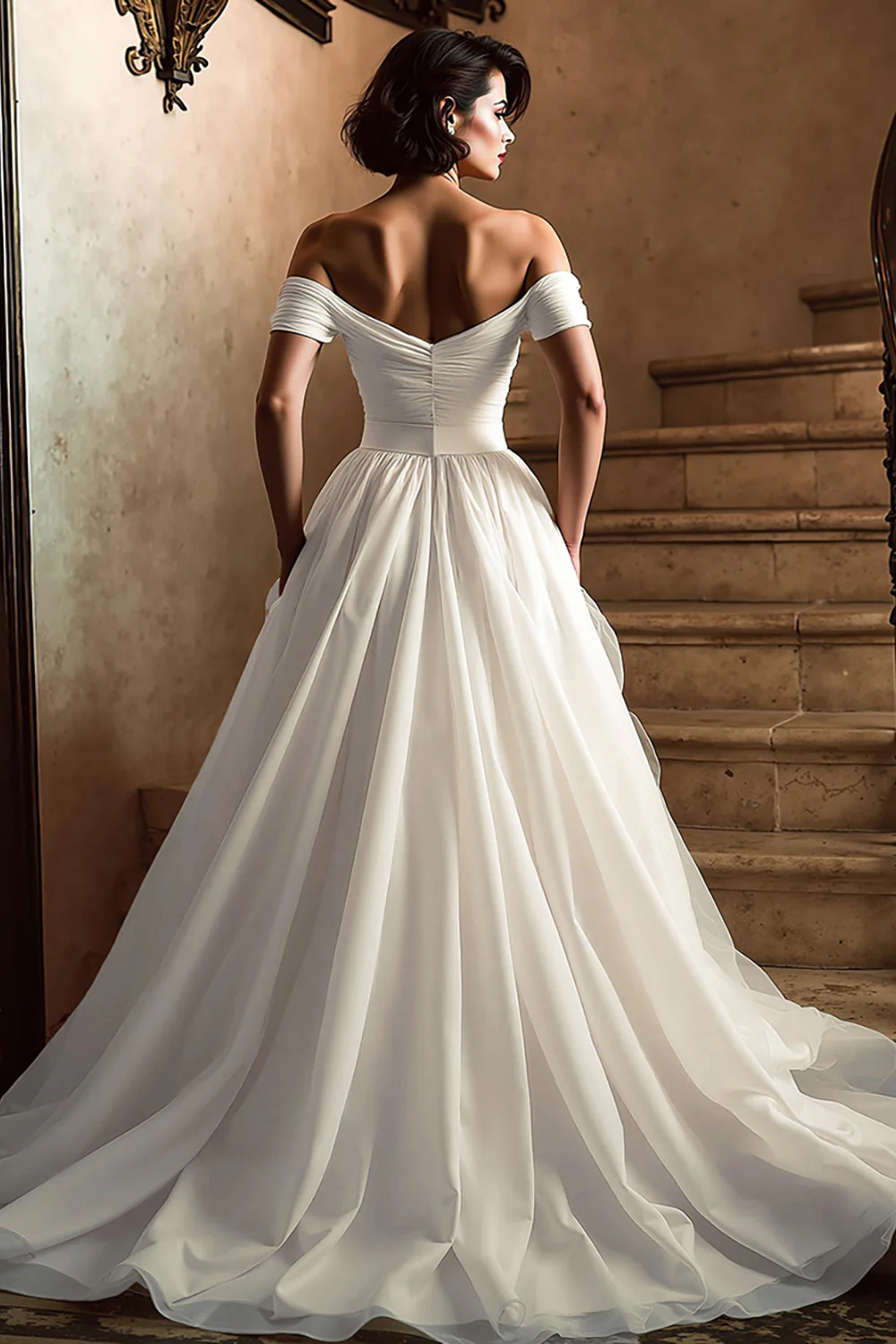 White Off the Shoulder A Line Wedding Dress with Slit - Image 2