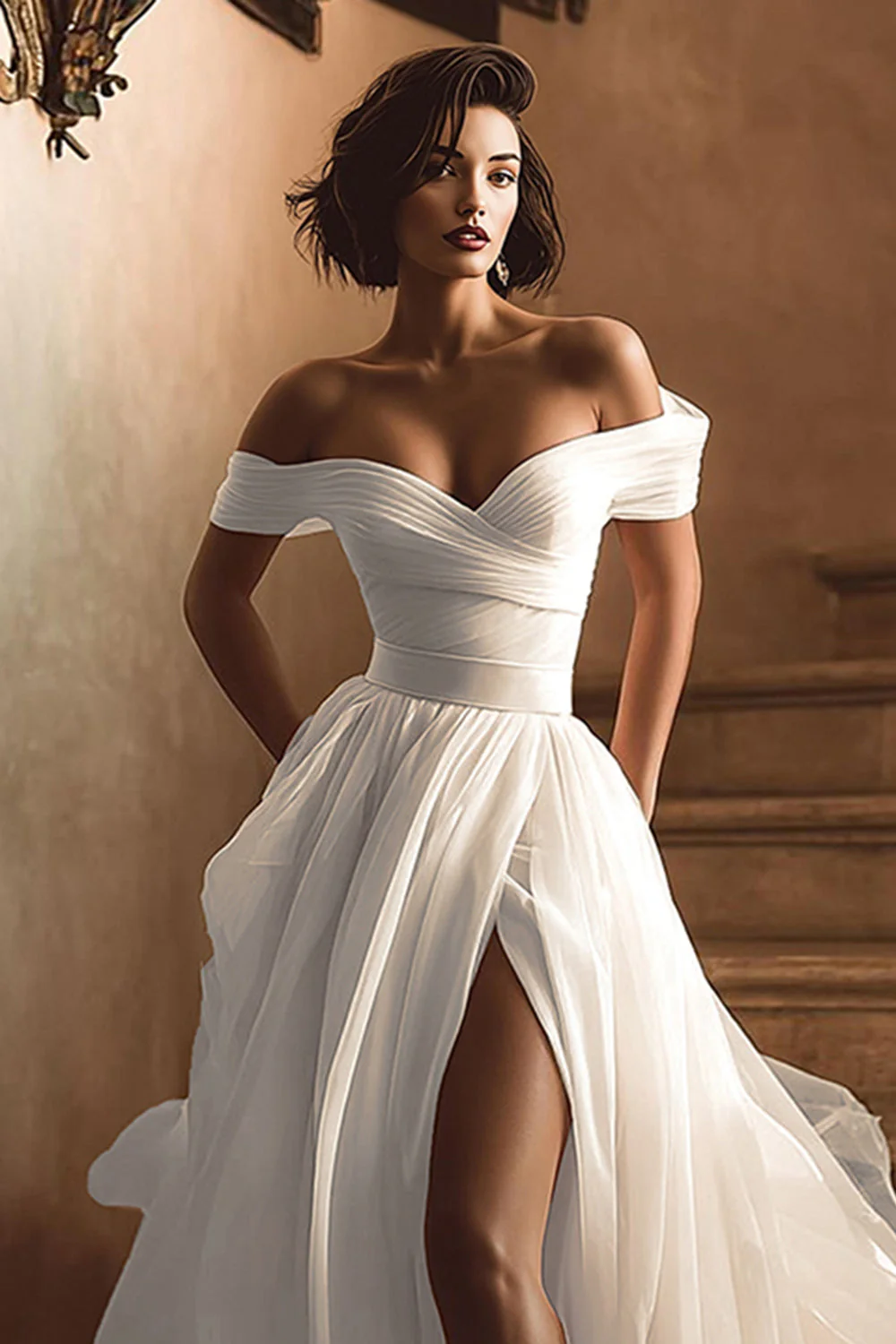 White Off the Shoulder A Line Wedding Dress with Slit - Image 3