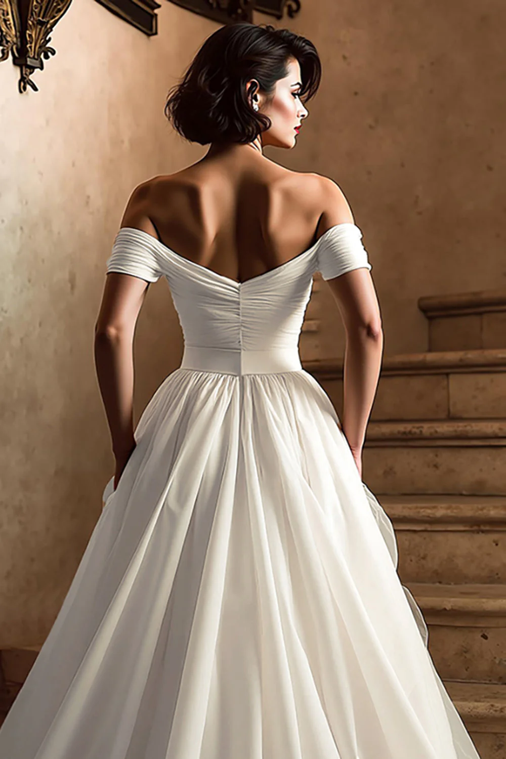 White Off the Shoulder A Line Wedding Dress with Slit - Image 4