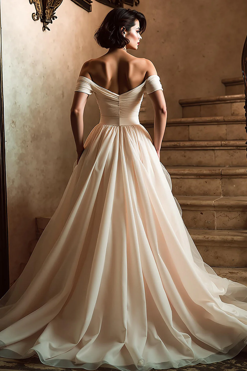 White Off the Shoulder A Line Wedding Dress with Slit - Image 6