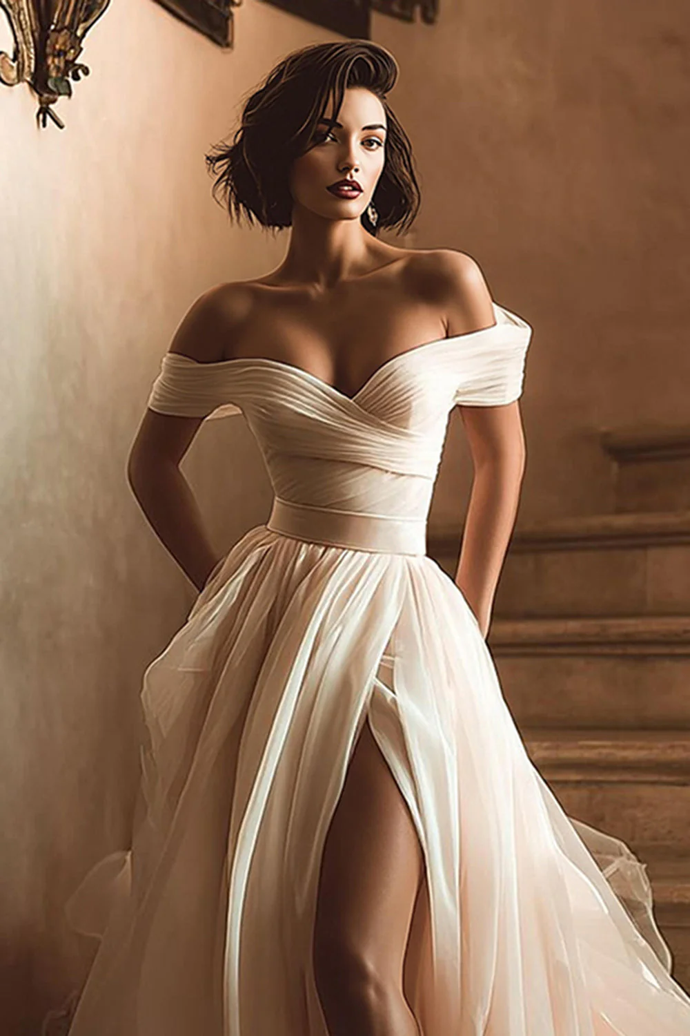 White Off the Shoulder A Line Wedding Dress with Slit - Image 7