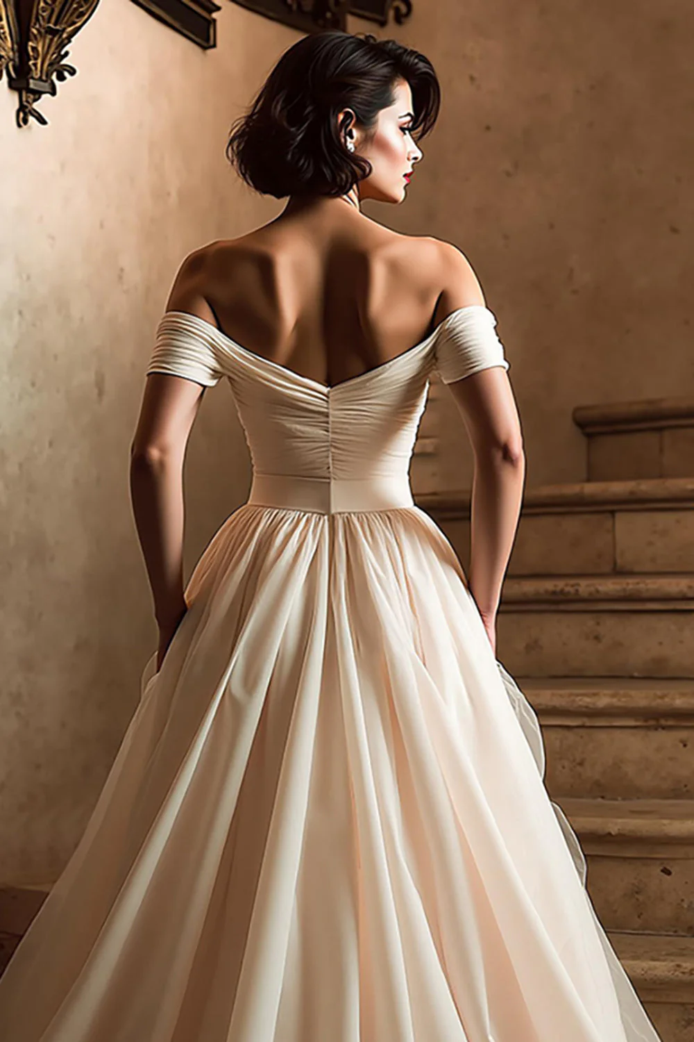 White Off the Shoulder A Line Wedding Dress with Slit - Image 8