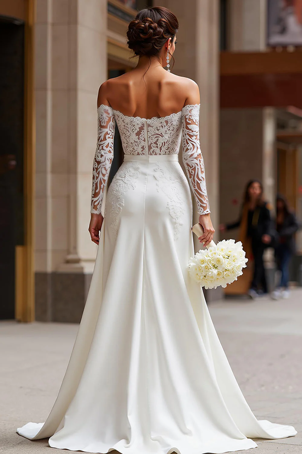 White Off the Shoulder Appliqued Bridal Jumpsuits with Pockets - Image 2