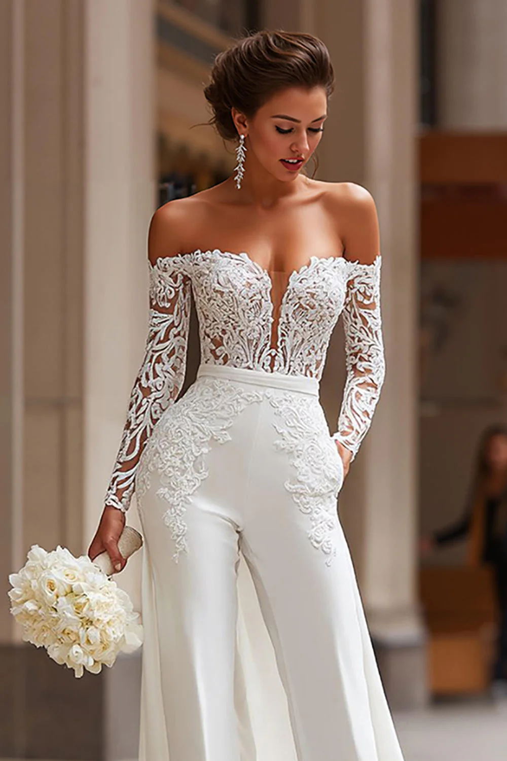 White Off the Shoulder Appliqued Bridal Jumpsuits with Pockets - Image 3