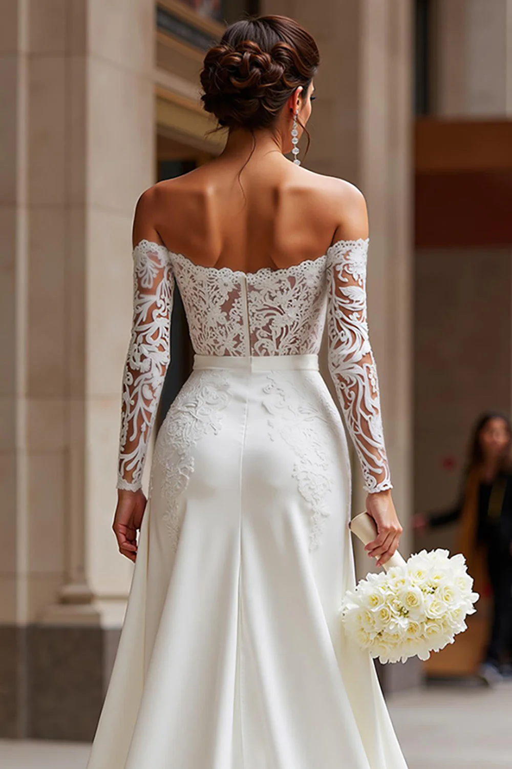 White Off the Shoulder Appliqued Bridal Jumpsuits with Pockets - Image 4