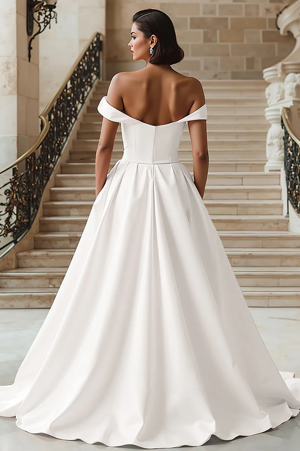 White Off the Shoulder Ball Gown Wedding Dress with Slit - Image 2