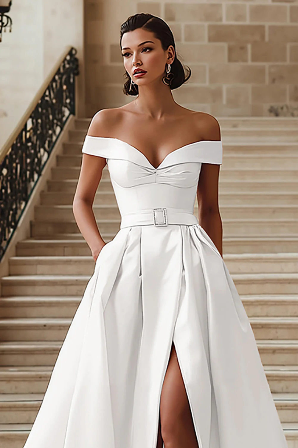 White Off the Shoulder Ball Gown Wedding Dress with Slit - Image 3