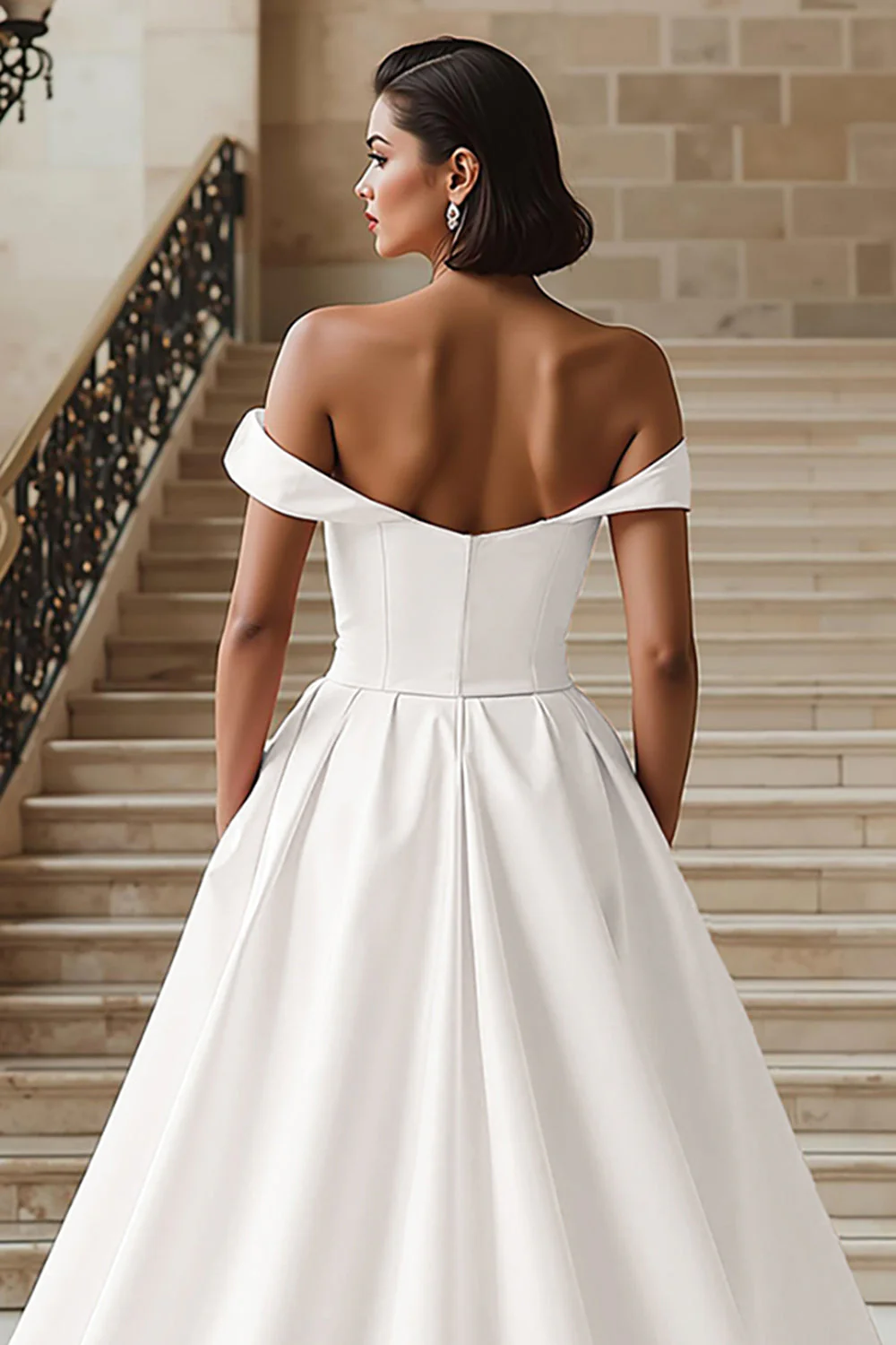 White Off the Shoulder Ball Gown Wedding Dress with Slit - Image 4