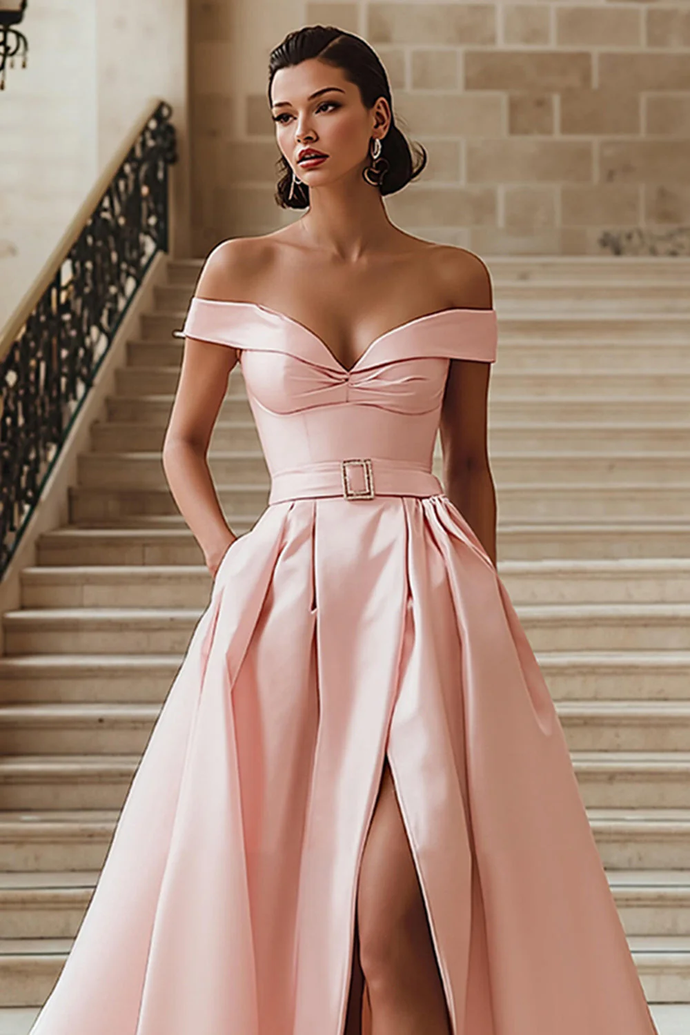 White Off the Shoulder Ball Gown Wedding Dress with Slit - Image 7