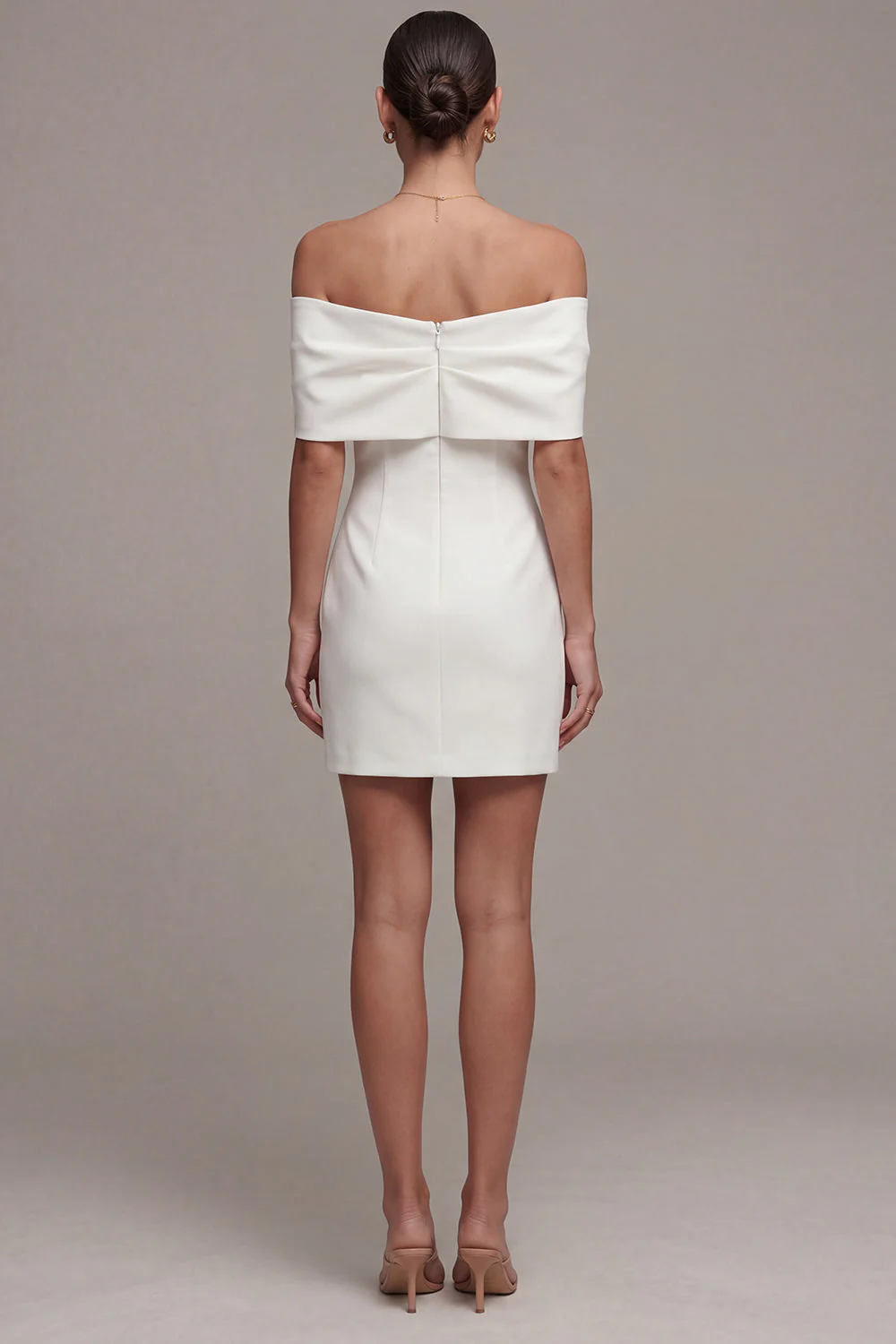 White Off the Shoulder Bodycon Short Wedding Dress with Bow - Image 2