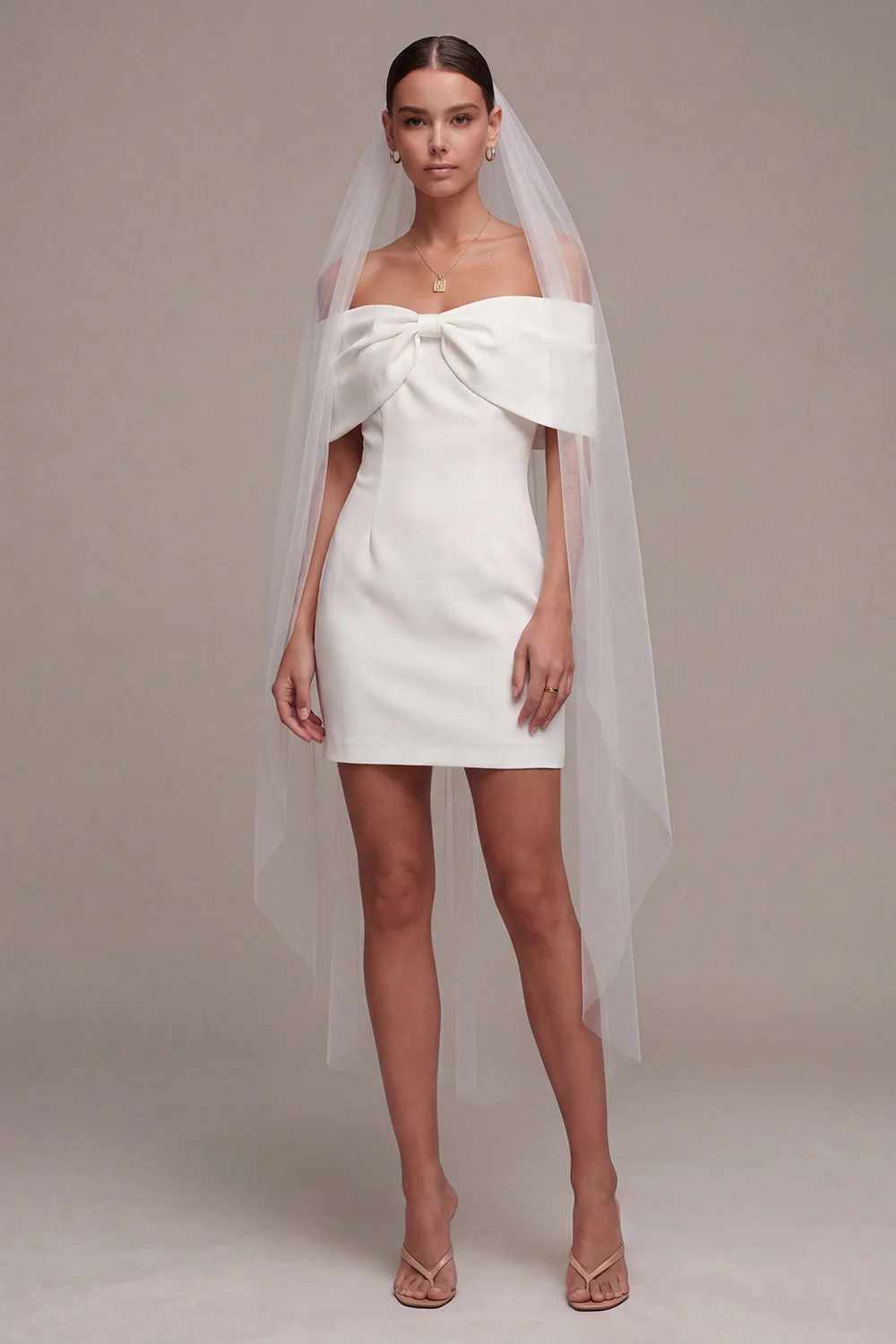 White Off the Shoulder Bodycon Short Wedding Dress with Bow - Image 3