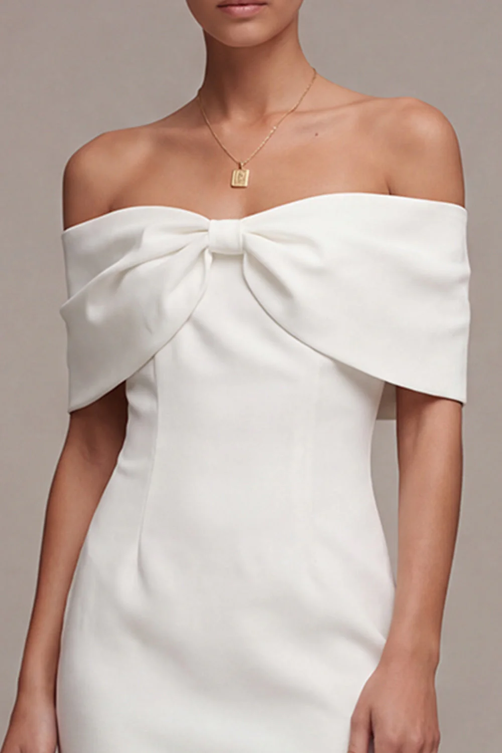 White Off the Shoulder Bodycon Short Wedding Dress with Bow - Image 4