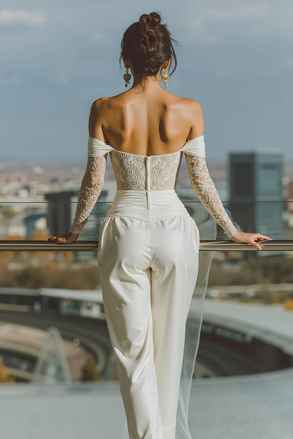 White Off the Shoulder Bridal Jumpsuits with Lace - Image 2