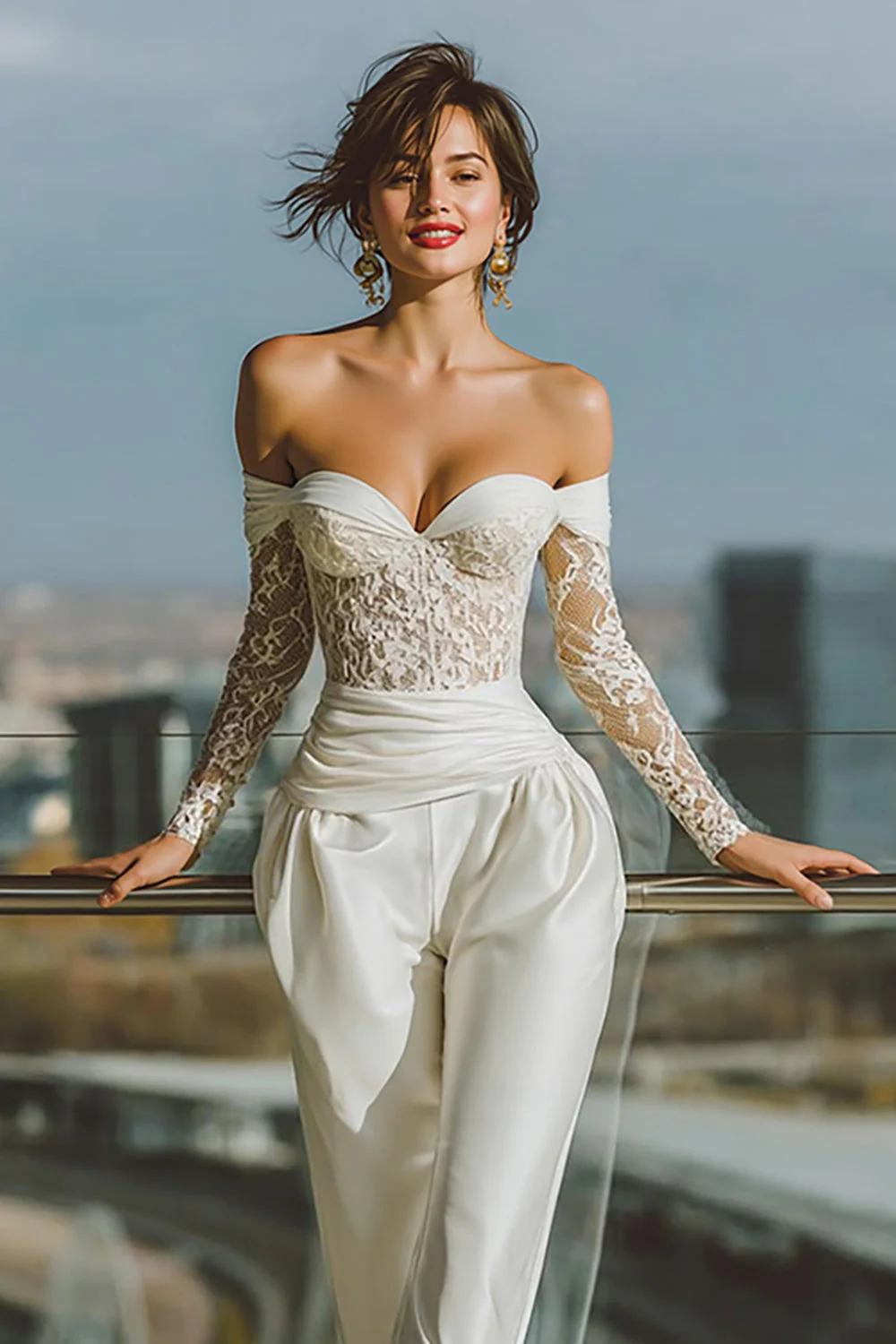 White Off the Shoulder Bridal Jumpsuits with Lace - Image 3