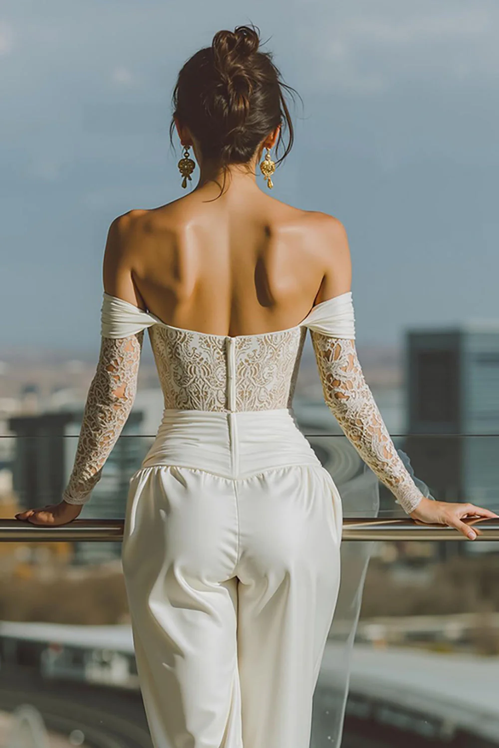 White Off the Shoulder Bridal Jumpsuits with Lace - Image 4
