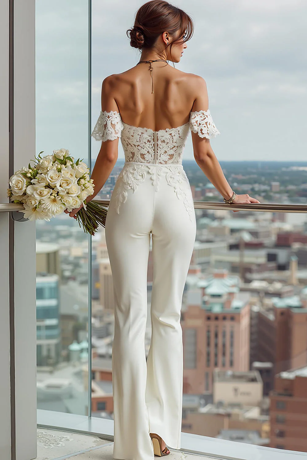 White Off the Shoulder Lace Appliqued Bridal Jumpsuits - Image 2
