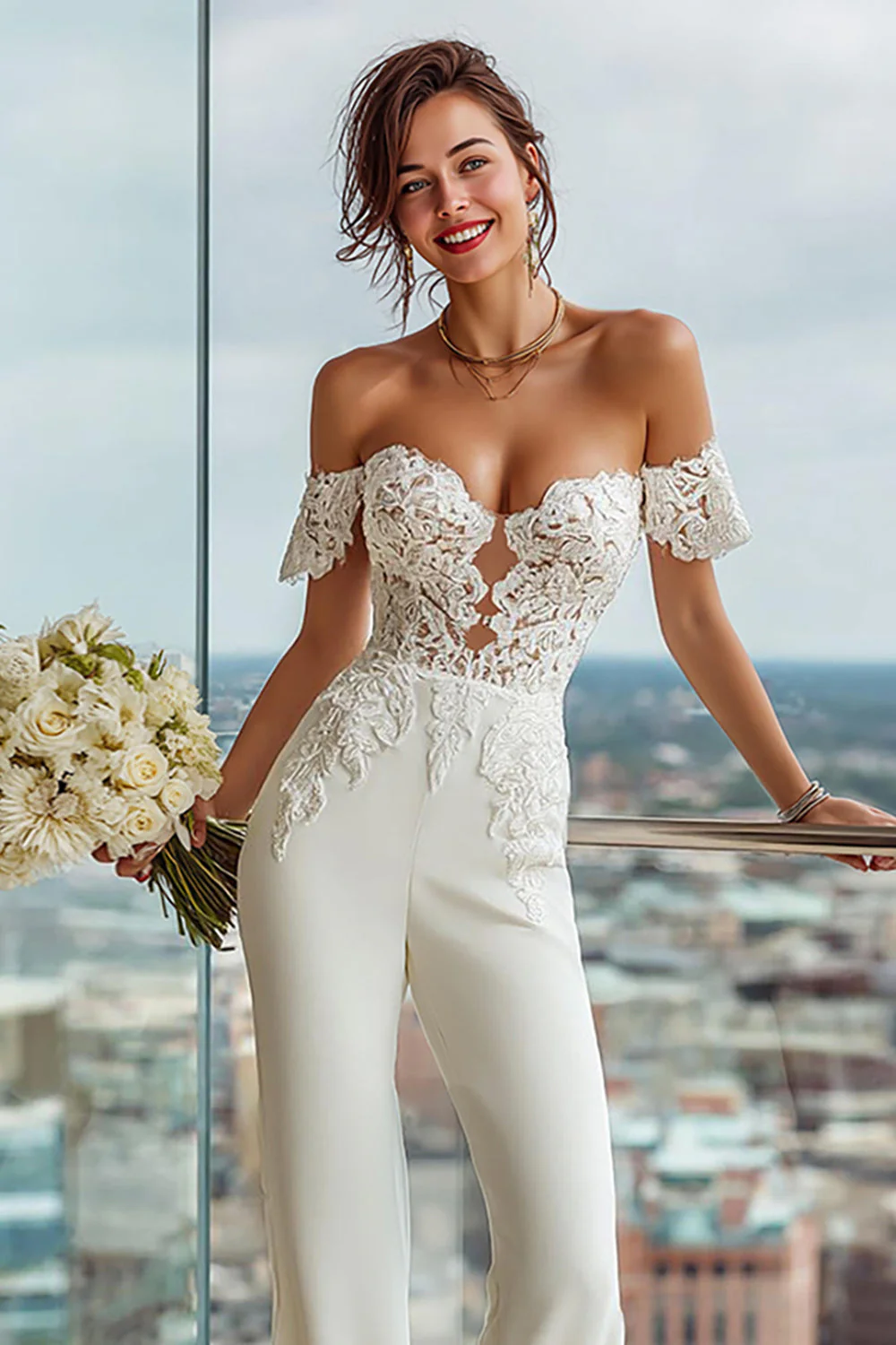 White Off the Shoulder Lace Appliqued Bridal Jumpsuits - Image 3