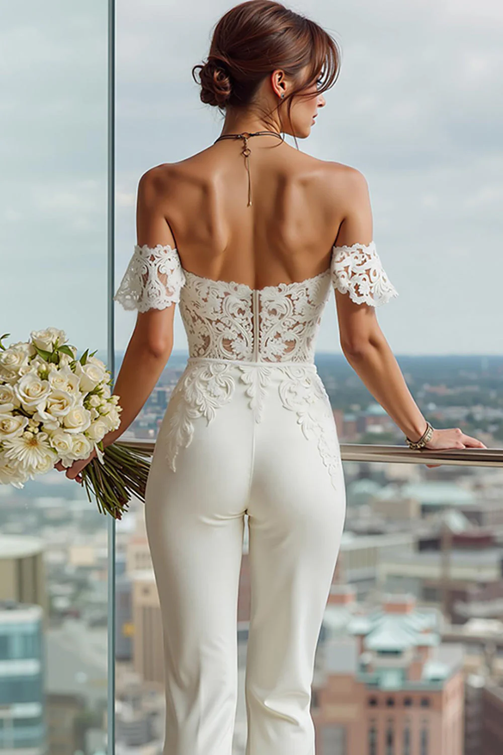 White Off the Shoulder Lace Appliqued Bridal Jumpsuits - Image 4