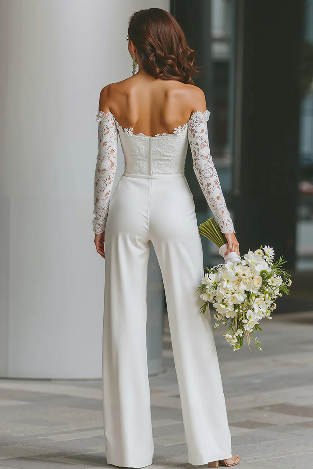 White Off the Shoulder Lace Bridal Jumpsuits with Pockets - Image 2