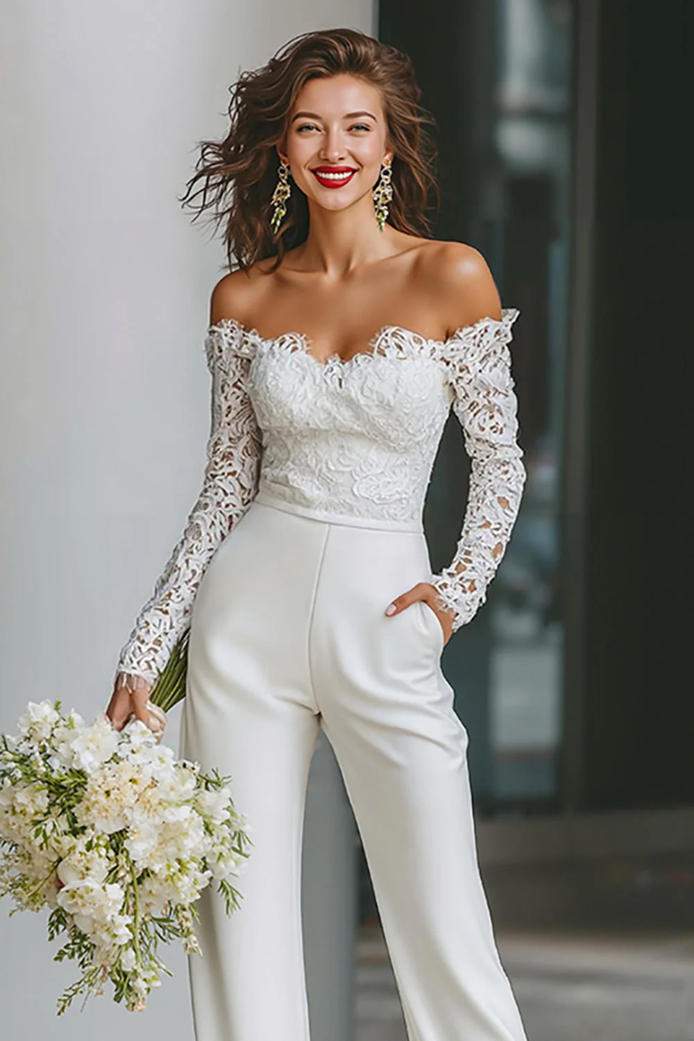 White Off the Shoulder Lace Bridal Jumpsuits with Pockets - Image 3