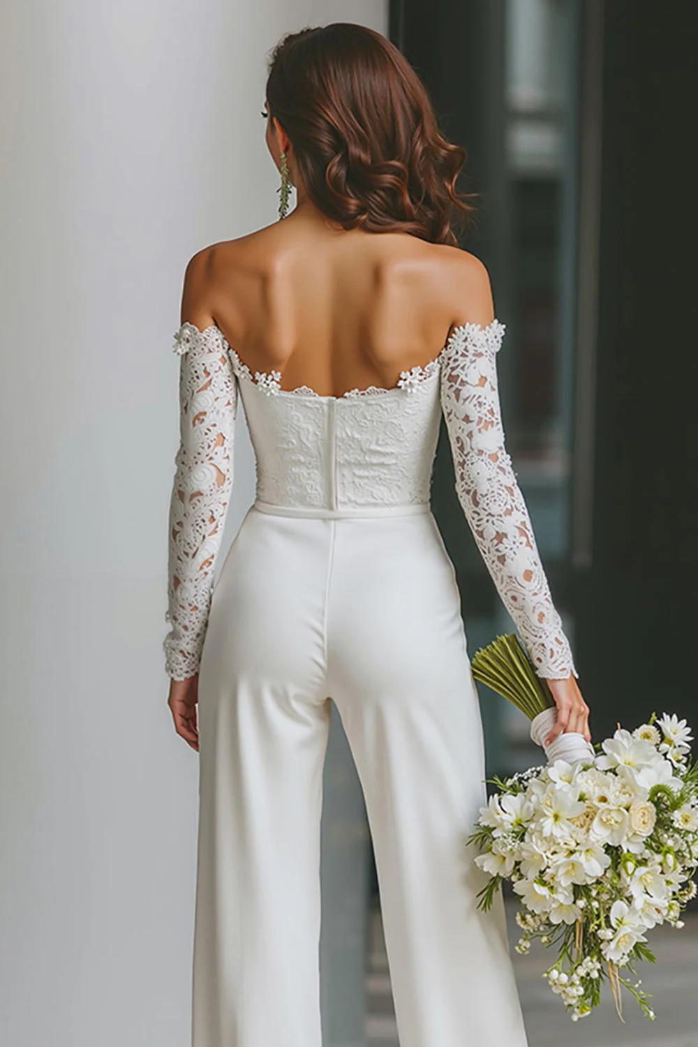 White Off the Shoulder Lace Bridal Jumpsuits with Pockets - Image 4