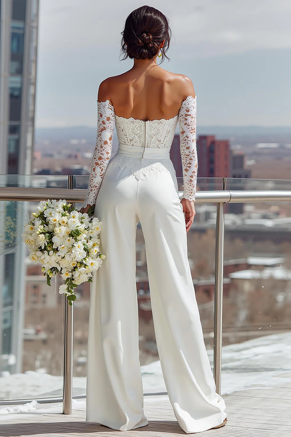 White Off the Shoulder Lace Long Bridal Jumpsuits - Image 2