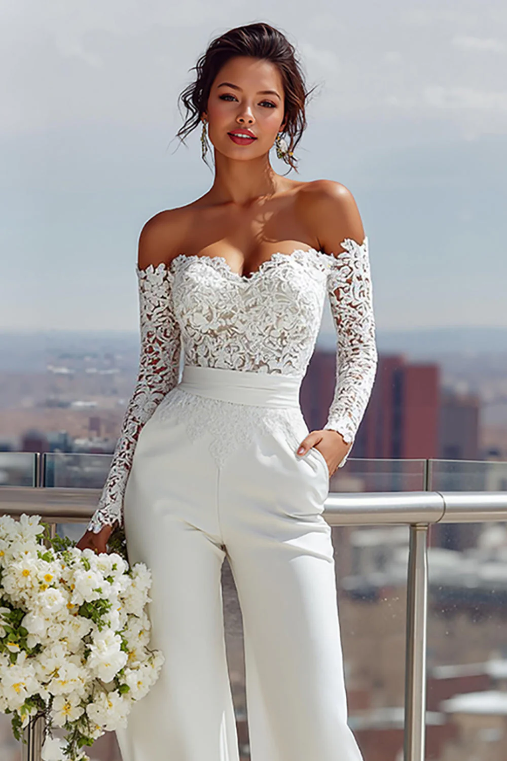 White Off the Shoulder Lace Long Bridal Jumpsuits - Image 3