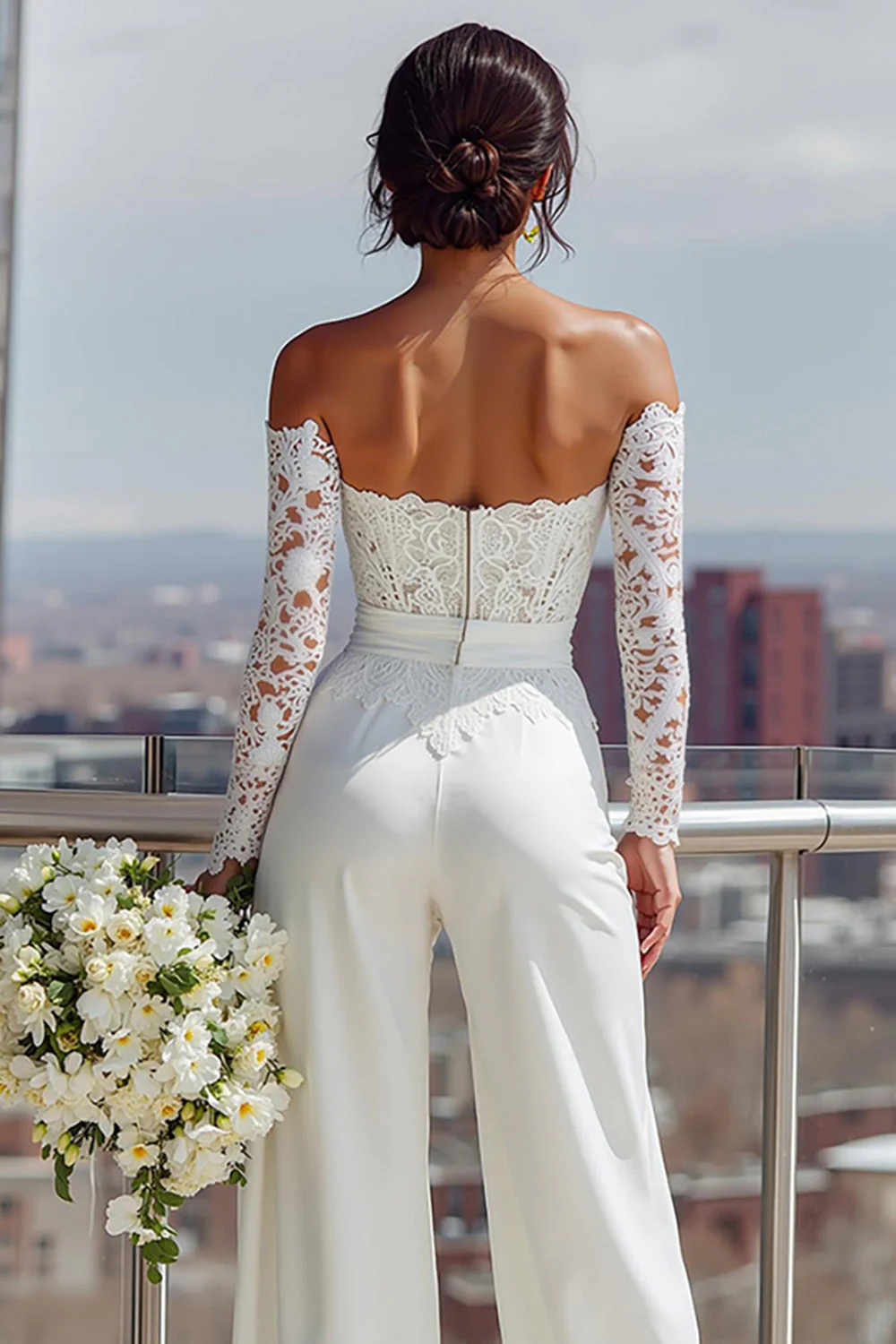 White Off the Shoulder Lace Long Bridal Jumpsuits - Image 4