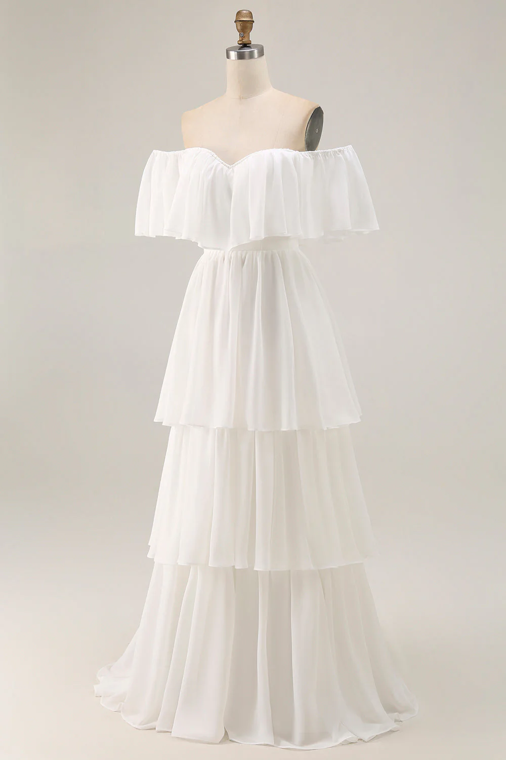 White Off the Shoulder Ruffle Chiffon A Line Wedding Dress - Image 5