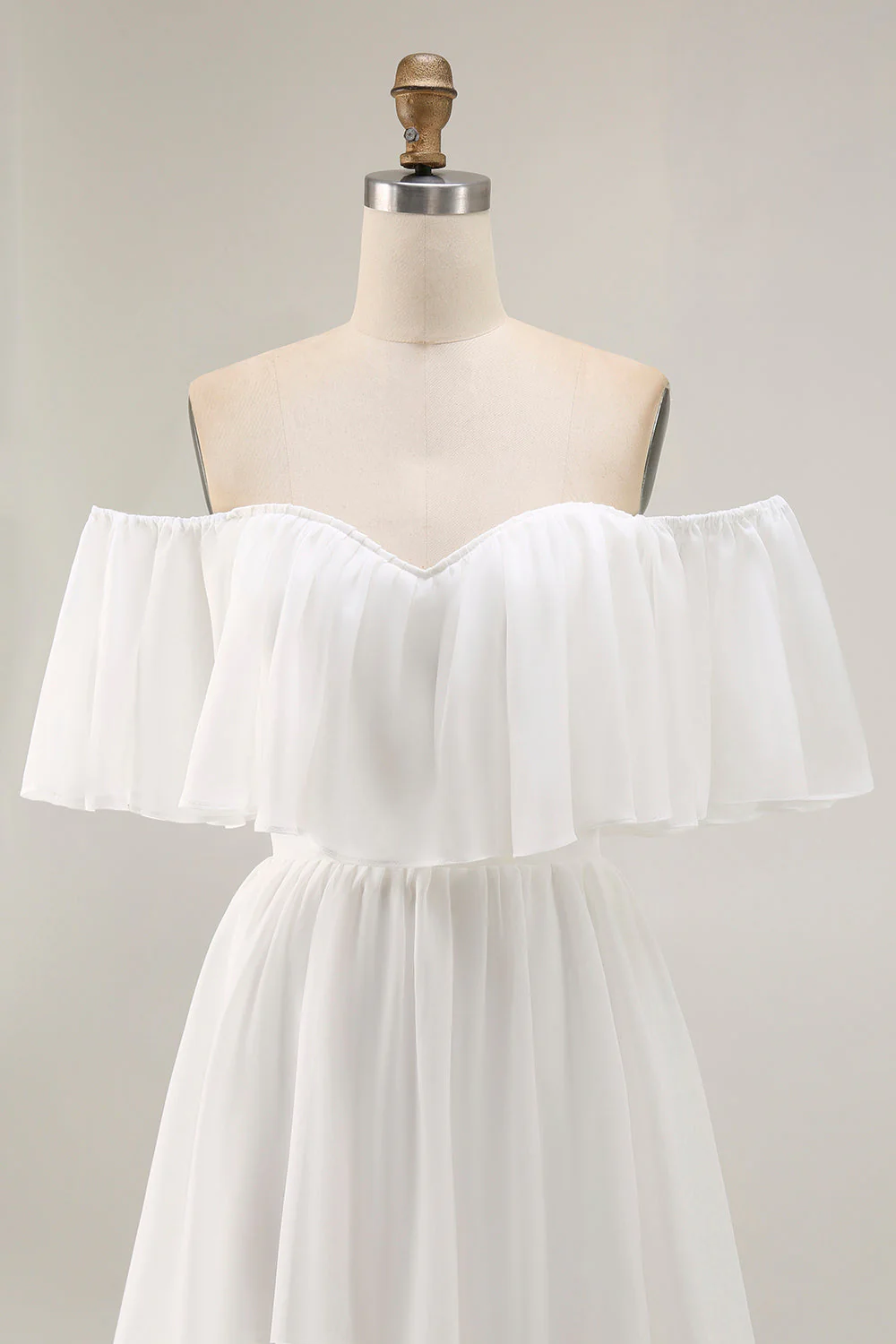 White Off the Shoulder Ruffle Chiffon A Line Wedding Dress - Image 6