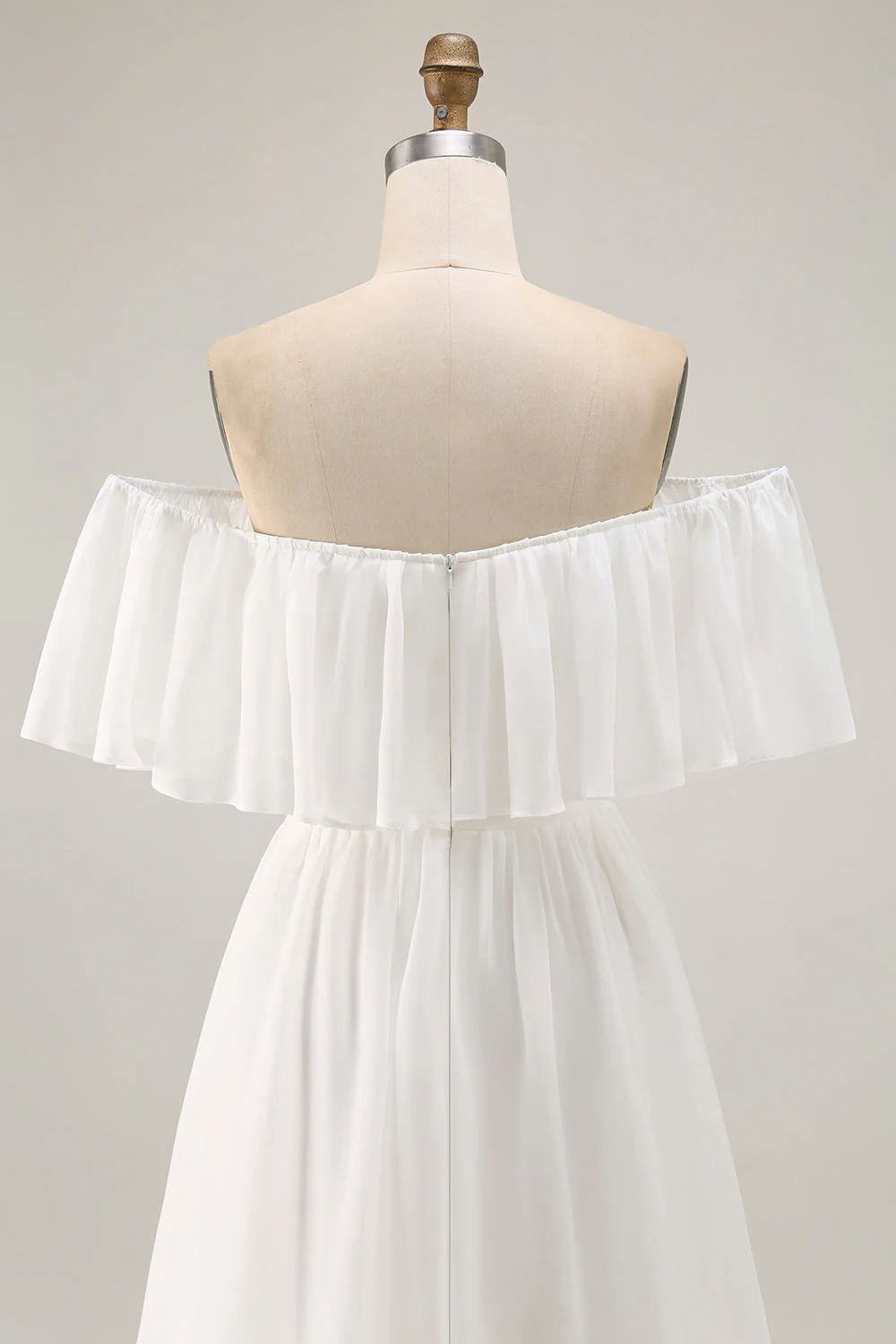 White Off the Shoulder Ruffle Chiffon A Line Wedding Dress - Image 7