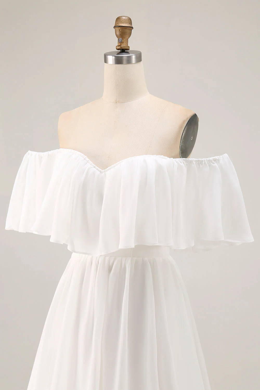 White Off the Shoulder Ruffle Chiffon A Line Wedding Dress - Image 8