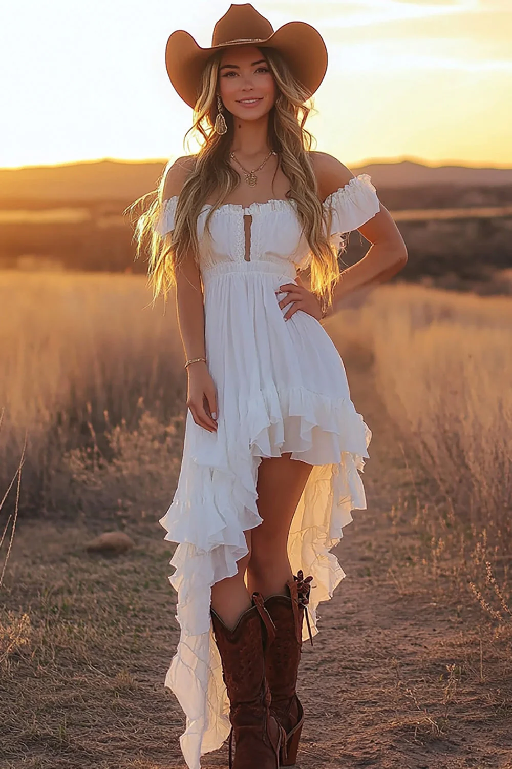 White Off The Shoulder Ruffle High-Low Graduation Dress - Image 3