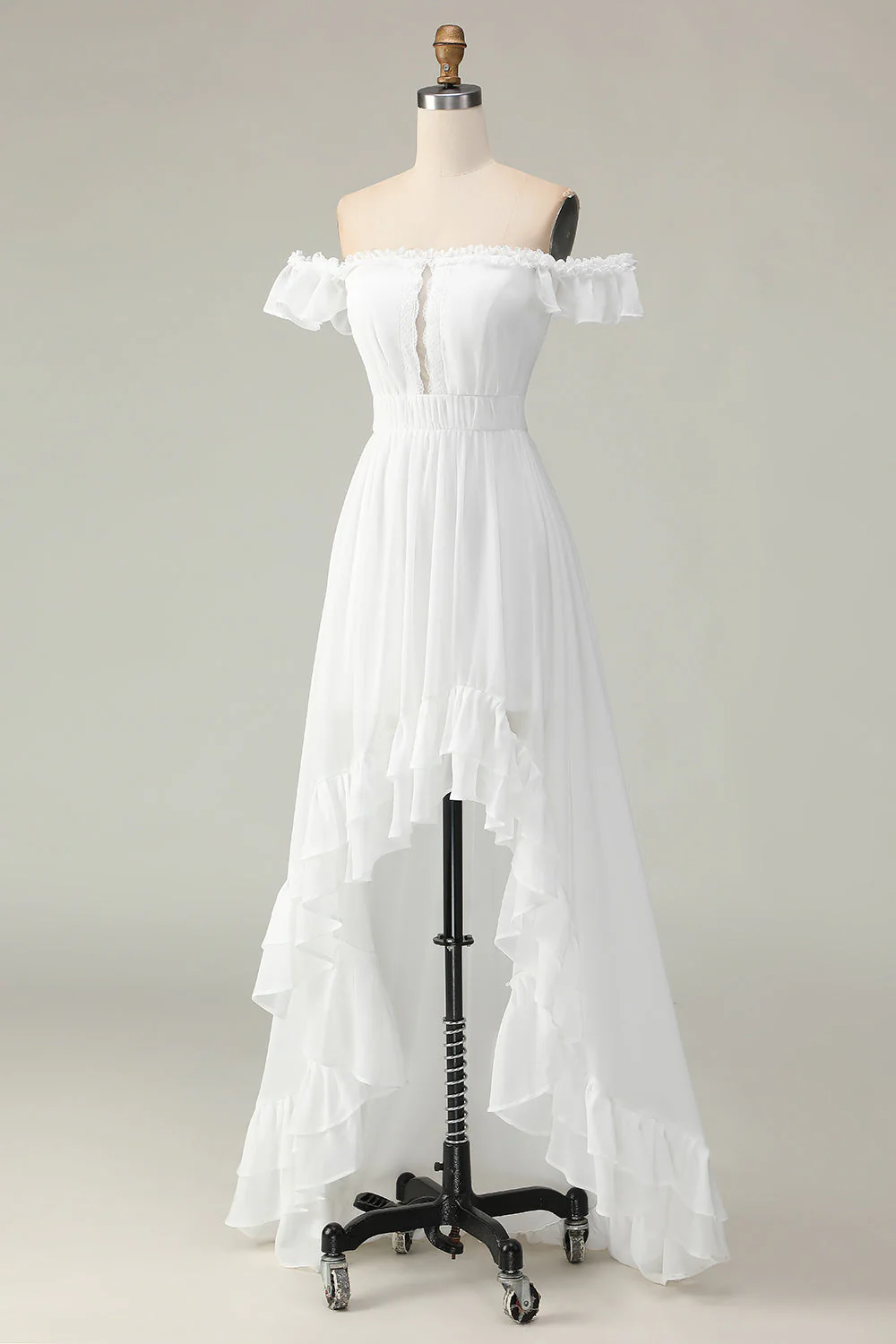White Off The Shoulder Ruffle High-Low Graduation Dress - Image 5