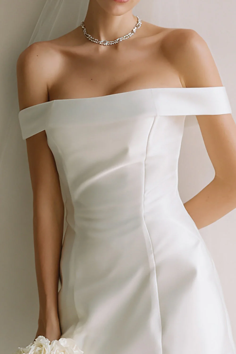 White Off the Shoulder Satin Short Courthouse Wedding Dress - Image 2