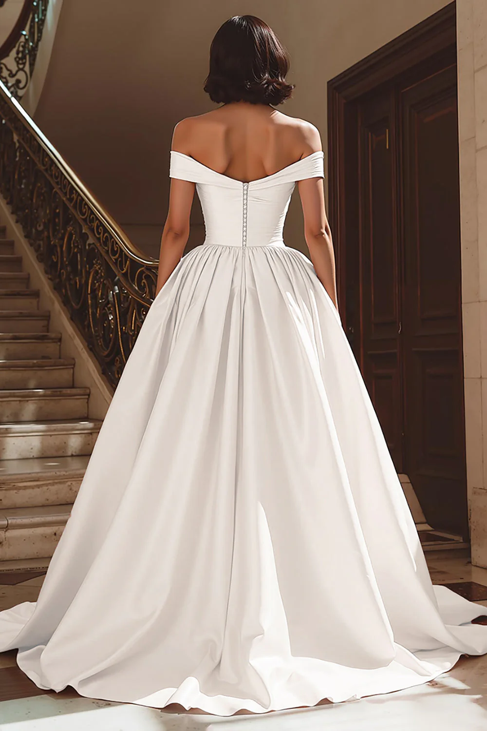 White Off the Shoulder Satin Sweep Train Wedding Dress with Slit - Image 2