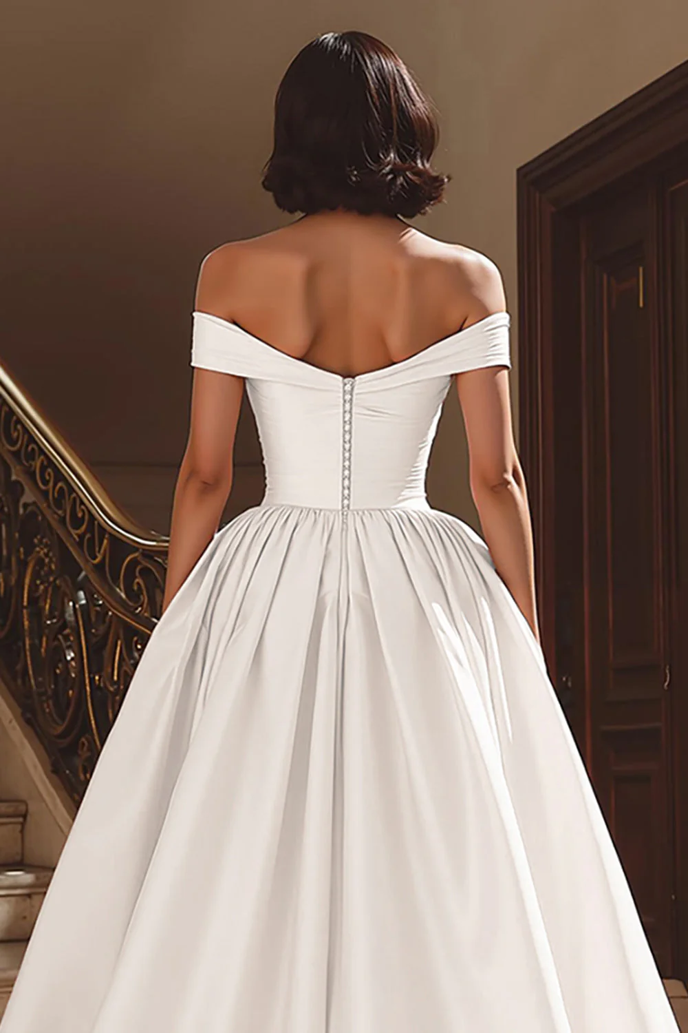 White Off the Shoulder Satin Sweep Train Wedding Dress with Slit - Image 4