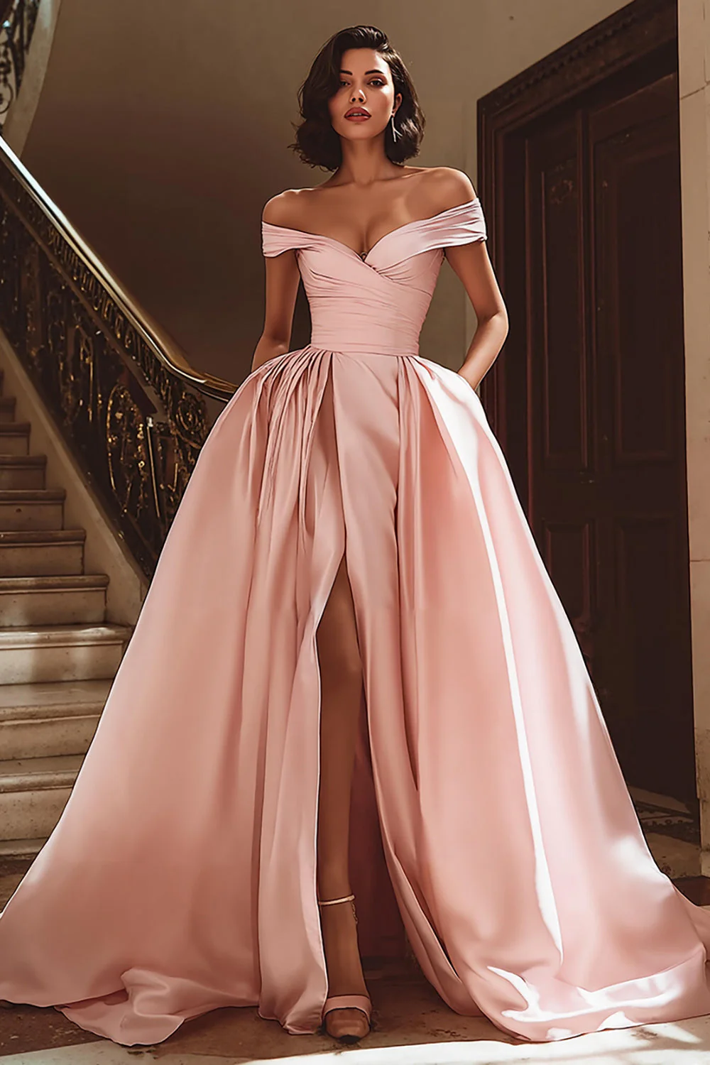 White Off the Shoulder Satin Sweep Train Wedding Dress with Slit - Image 5