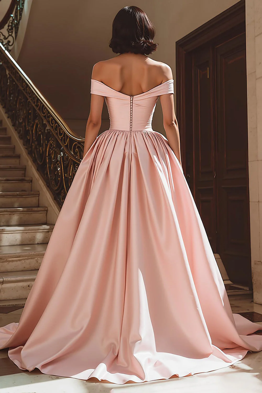 White Off the Shoulder Satin Sweep Train Wedding Dress with Slit - Image 6