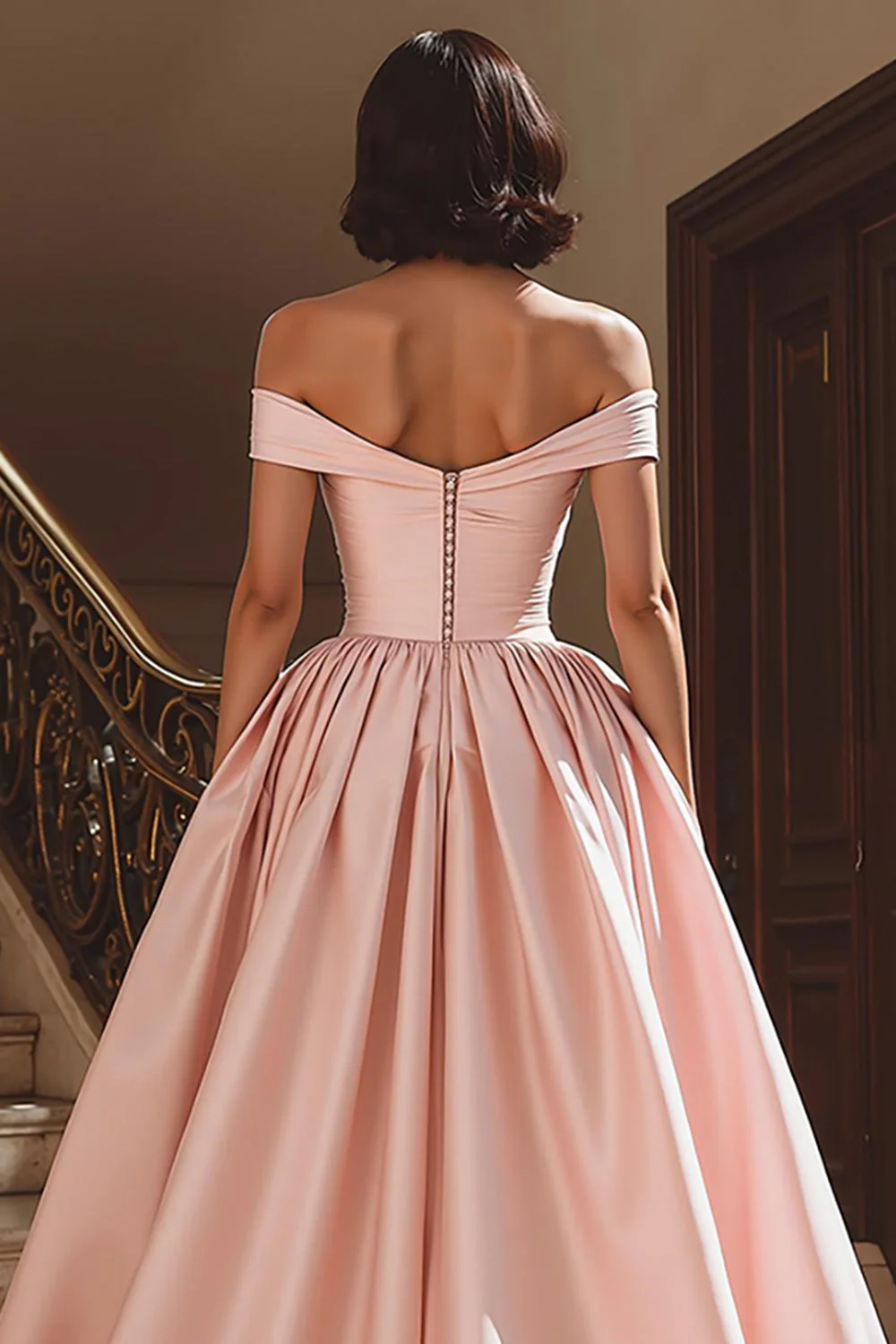 White Off the Shoulder Satin Sweep Train Wedding Dress with Slit - Image 8