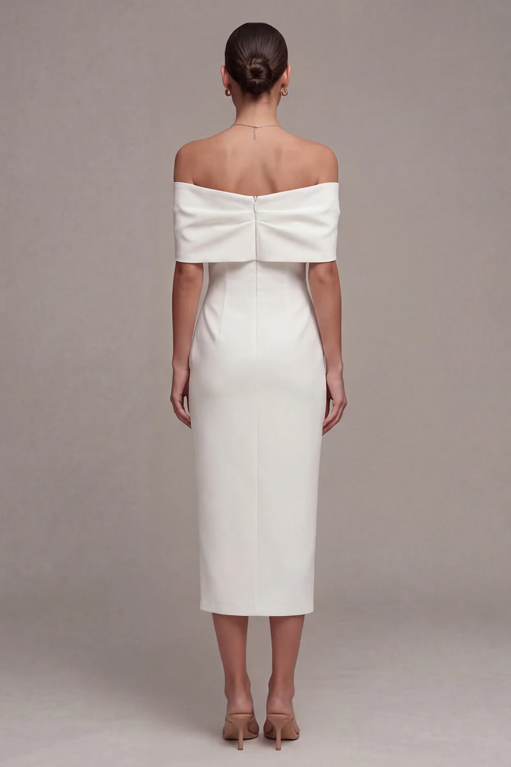 White Off the Shoulder Sheath Midi Wedding Dress with Bow - Image 2