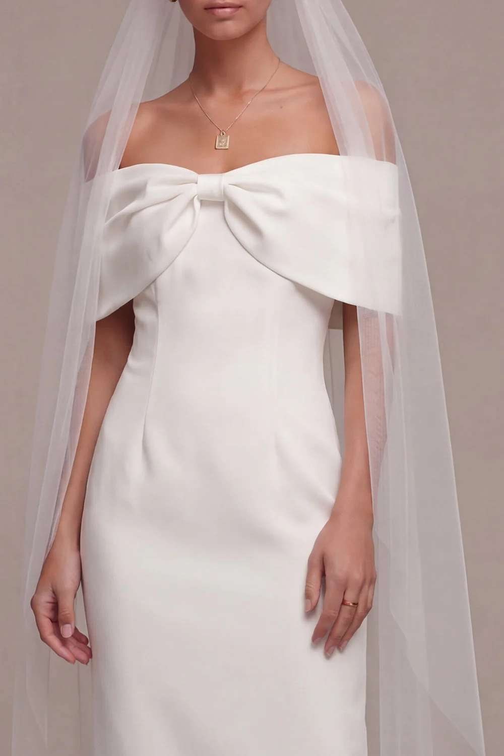 White Off the Shoulder Sheath Midi Wedding Dress with Bow - Image 3