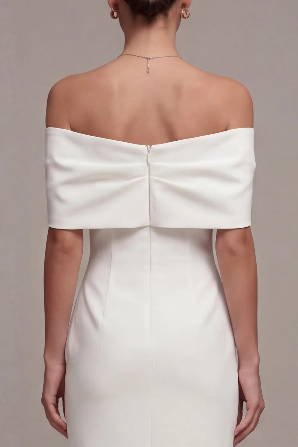 White Off the Shoulder Sheath Midi Wedding Dress with Bow - Image 4